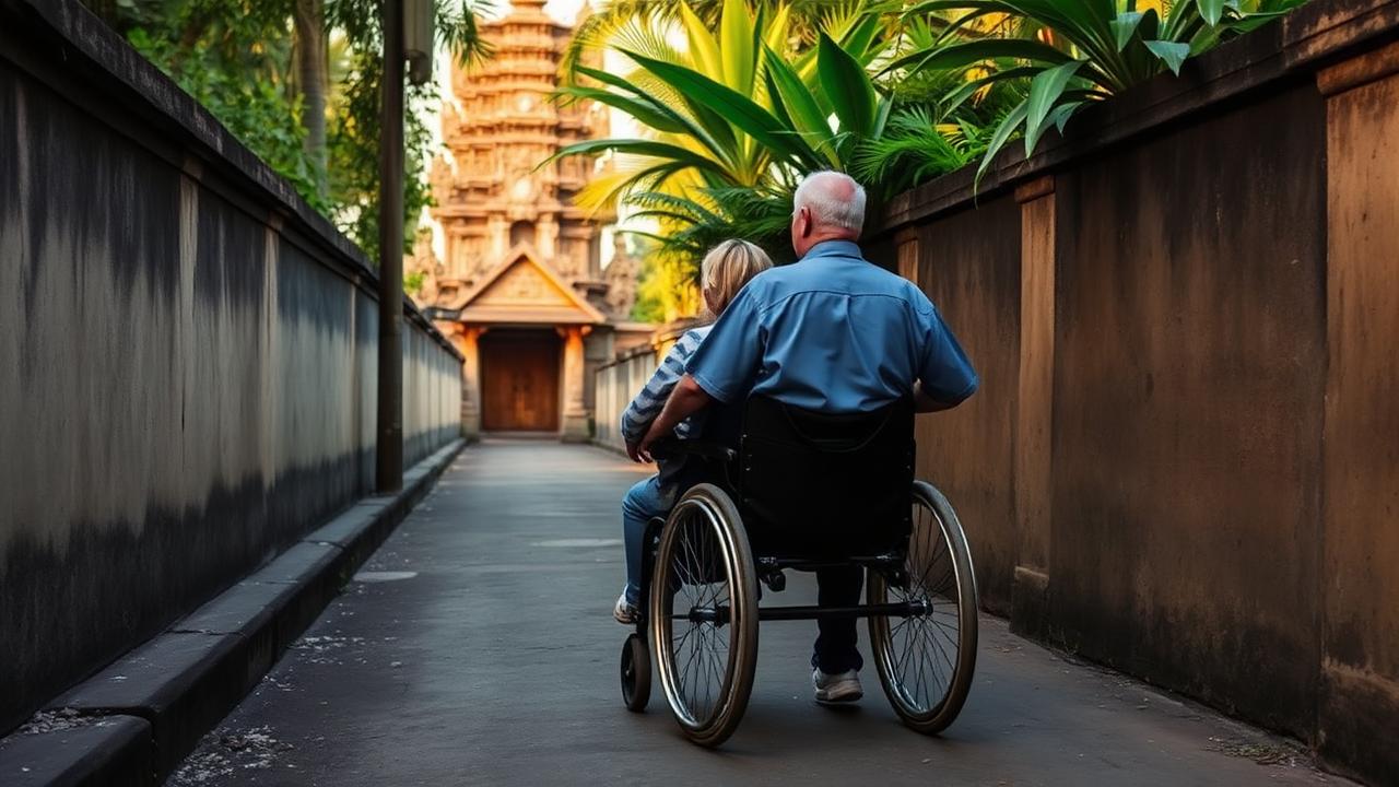 A person using a wheelchair with a companion on a narrow Bali street beside a temple wall