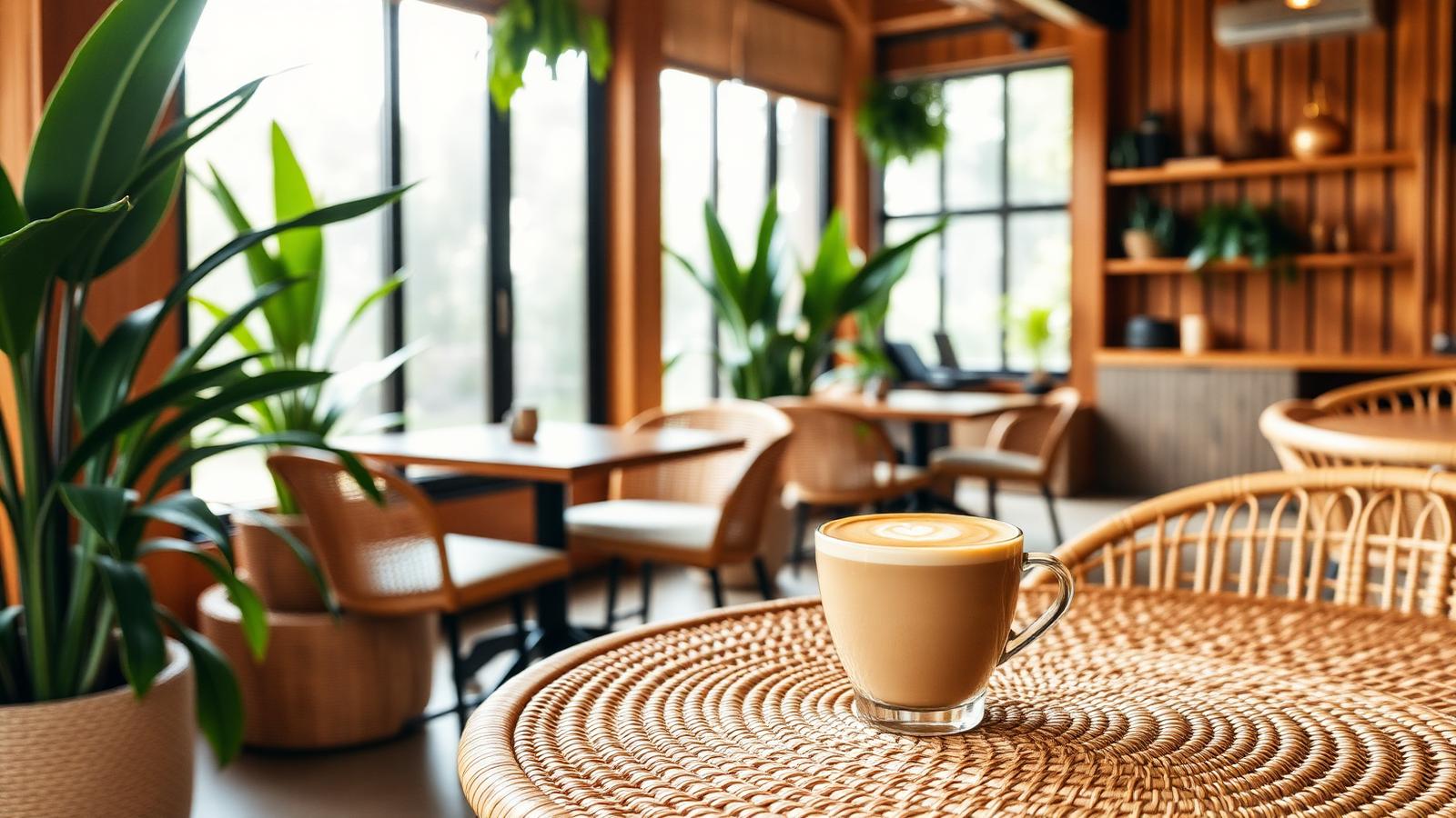 Tropical cafe in Bali with a fresh coffee