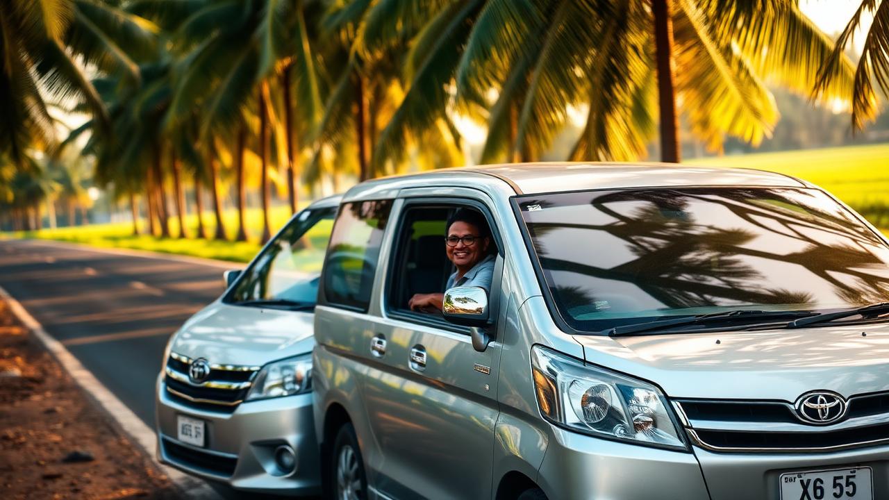 A Balinese private driver beside his van on a palm-lined road