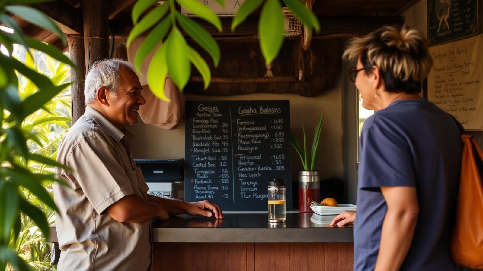 A visitor chatting with a warung owner over a handwritten Indonesian menu board