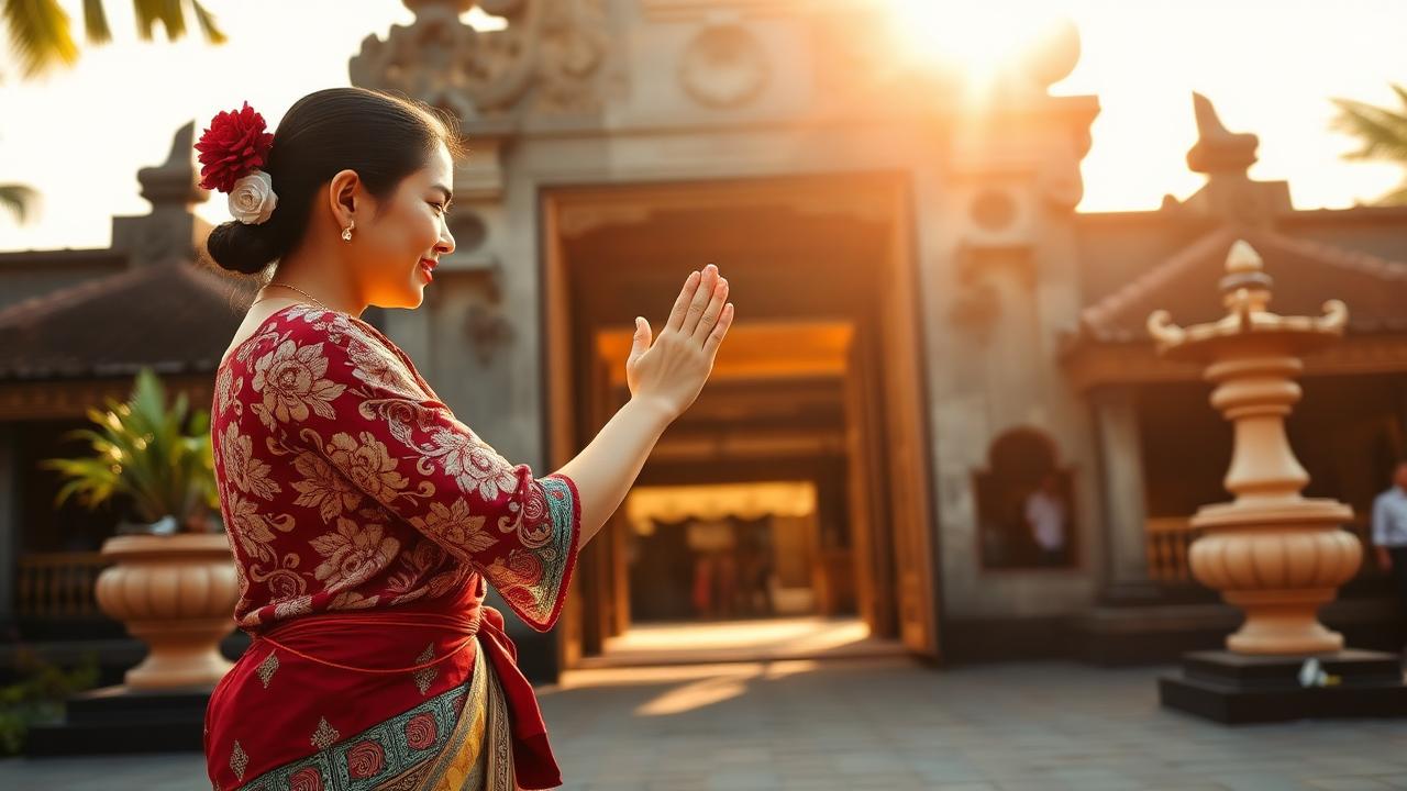 A Balinese woman in traditional dress greeting with palms pressed together at a temple gate