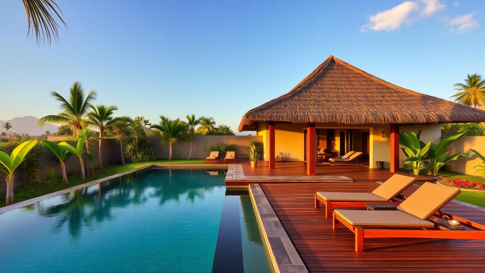 A Bali villa with a pool and tropical garden