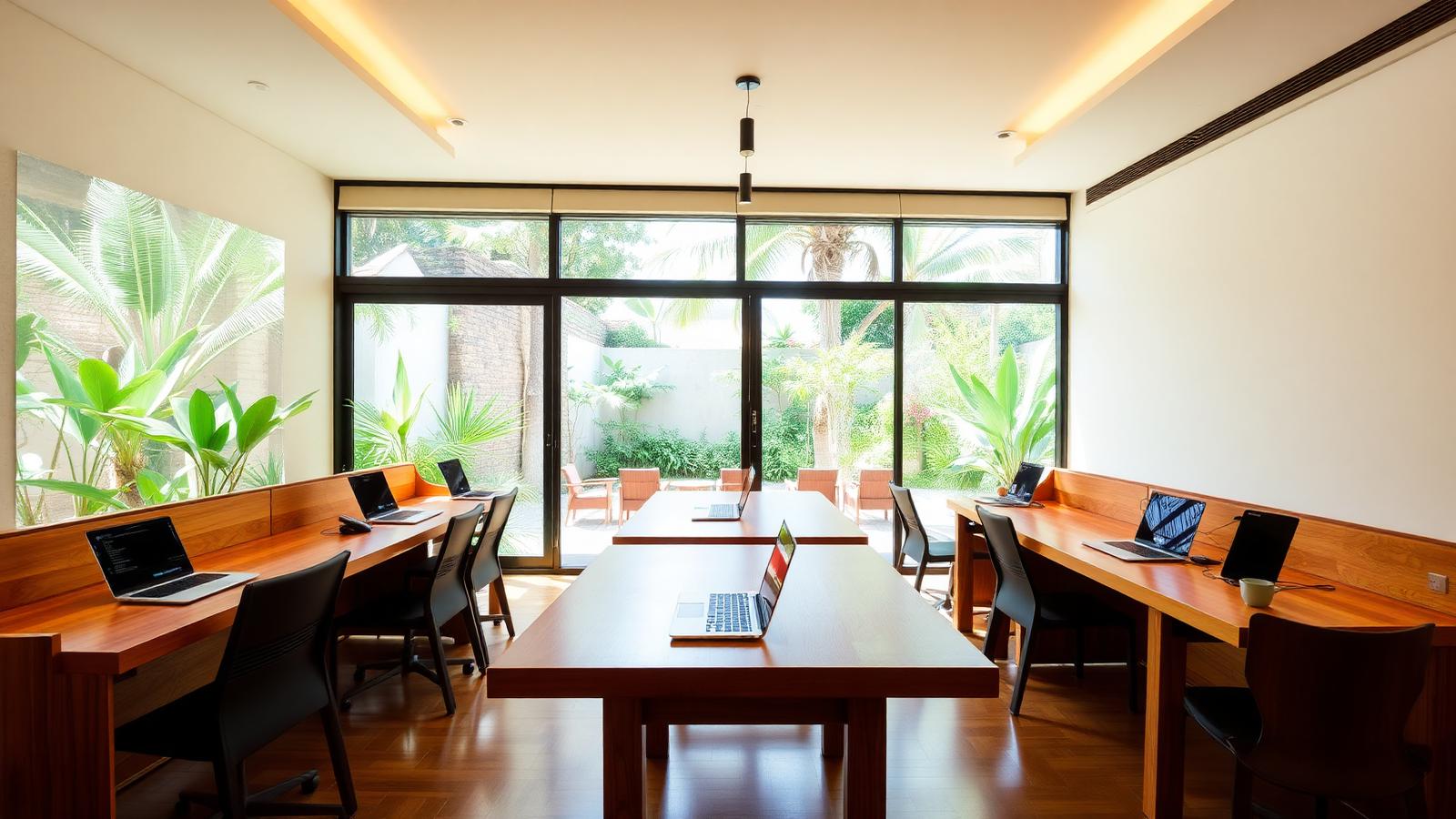 A desk with documents and a laptop in a Bali office