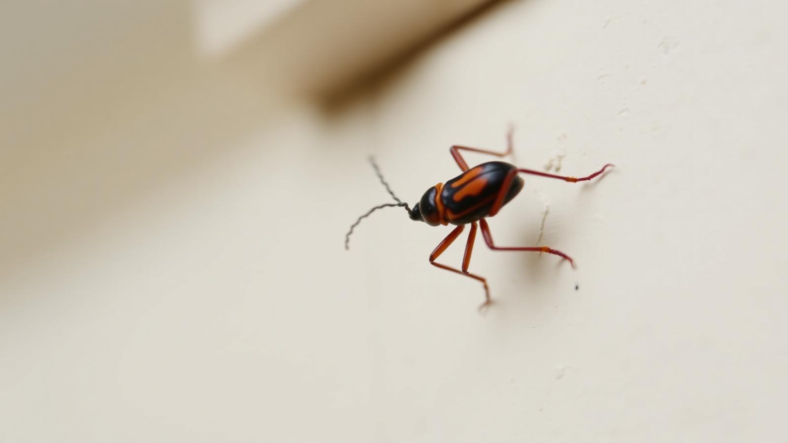 Close-up of an orange and black tomcat rove beetle on a pale wall
